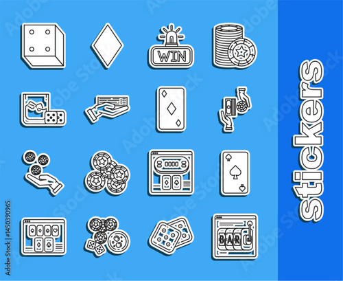 Set line Online slot machine, Casino chips exchange on stacks of dollars, win, Hand holding deck playing cards, Game dice glass whiskey ice cubes, and diamonds icon. Vector