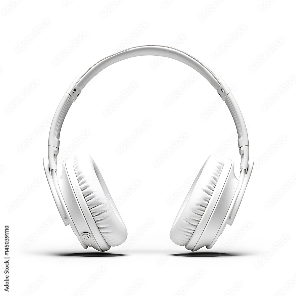 Isolated all-white over-ear headphones are centered on a white background casting a soft shadow The headphones are facing forward.