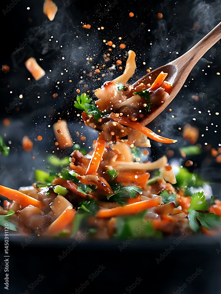 Stir-fry in motion: carrots mushrooms and herbs fly from a wooden spoon amidst rising steam and scattered spices.