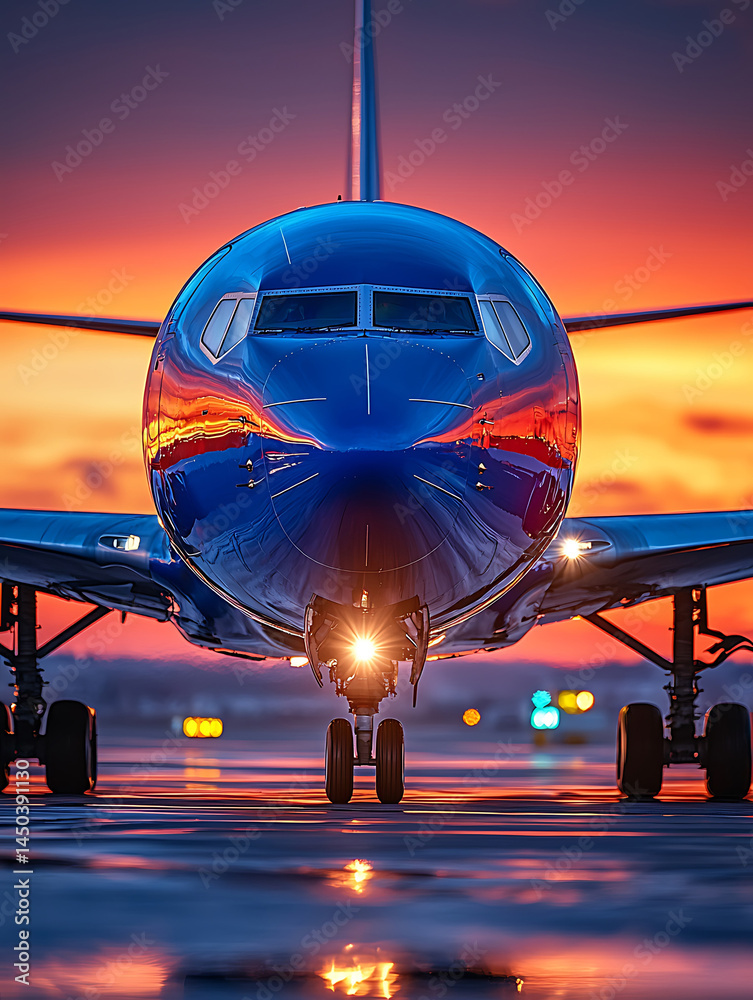 Front view of a passenger airplane on a runway reflecting a vibrant orange and red sunset sky.