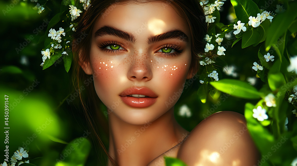 A woman with striking green eyes and freckles amidst lush green foliage framed by delicate white blossoms.
