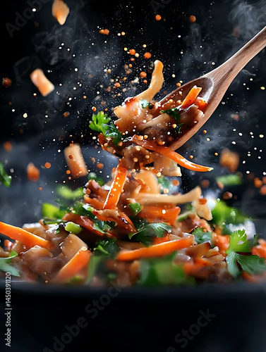 Obraz na płótnie Stir-fry in motion: carrots mushrooms and herbs fly from a wooden spoon amidst rising steam and scattered spices. w salonie