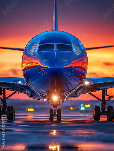 Obraz na płótnie Front view of a passenger airplane on a runway reflecting a vibrant orange and red sunset sky. w salonie