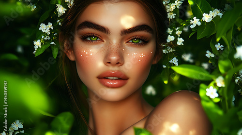 Obraz na płótnie A woman with striking green eyes and freckles amidst lush green foliage framed by delicate white blossoms. w salonie