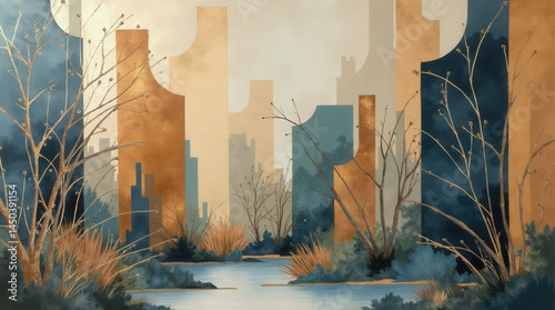 An artistic representation of an abstract landscape shows tall geometric structures in earthy tones, surrounded by sparse vegetation and a tranquil waterway reflecting the colors
