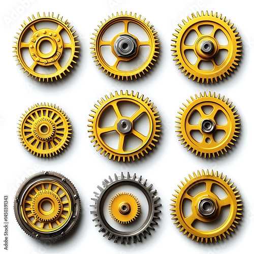 Nine yellow gears with different designs arranged in a grid against a bright white backdrop.