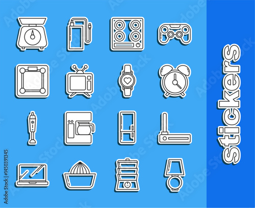 Set line Table lamp, Router and wi-fi signal, Alarm clock, Gas stove, Television, Bathroom scales, Scales and Smart watch showing heart beat rate icon. Vector