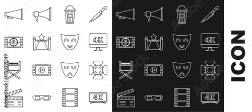 Set line , Movie spotlight, Computer PC monitor with 4k video technology, Popcorn in cardboard box, Carpet barriers and star, Play Video, Megaphone and Comedy theatrical mask icon. Vector