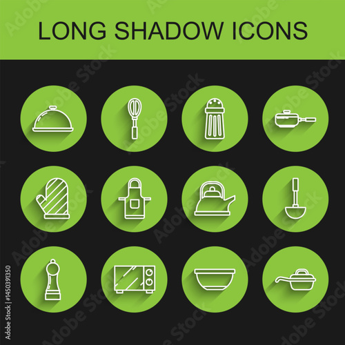 Set line Pepper, Microwave oven, Covered with tray of food, Bowl, Frying pan, Kitchen apron, ladle and Kettle handle icon. Vector