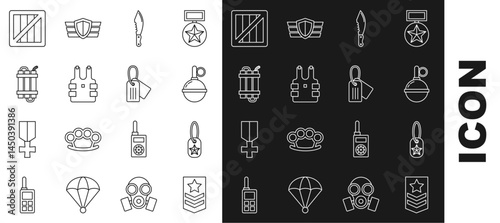 Set line Chevron, Military dog tag, Hand grenade, knife, Bulletproof vest for protection from bullets, Detonate dynamite bomb stick, ammunition box and icon. Vector