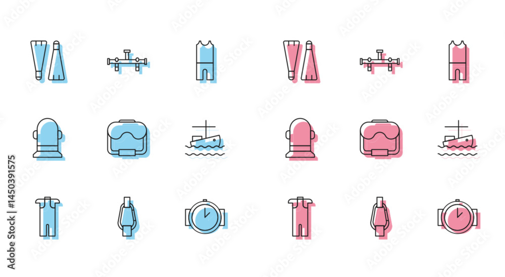 Set line Wetsuit for scuba diving, Carabiner, Rubber flippers swimming, Diving watch, mask, Fishing boat on water, Buoy and Manifold icon. Vector Set line Wetsuit for scuba diving, Carabiner, Rubber flippers swimming, Diving watch, mask, Fishing boat on water, Buoy and Manifold icon. Vector