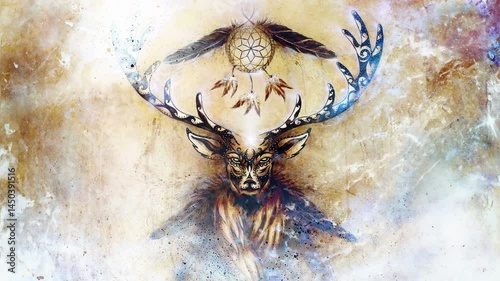 sacred ornamental deer spirit with dream catcher symbol and feathers in cosmic space.