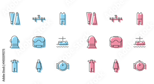 Set line Wetsuit for scuba diving, Carabiner, Rubber flippers swimming, Diving watch, mask, Fishing boat on water, Buoy and Manifold icon. Vector
