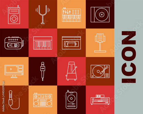Set line Music CD player, Vinyl with vinyl disk, stand, synthesizer, tape, MP3 and VHS video cassette icon. Vector