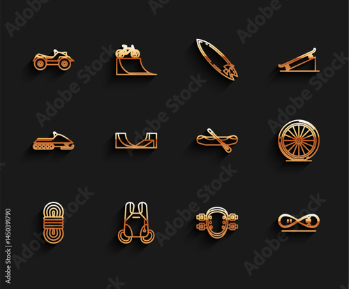 Set line Climber rope, Parachute, All Terrain Vehicle or ATV motorcycle, Knee pads, Skateboard trick, park, Bicycle wheel and Rafting boat icon. Vector