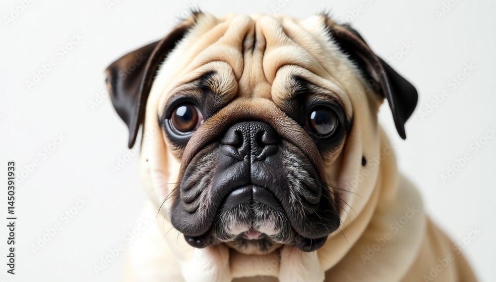 Wrinkled pug face close-up against white backdrop, animal photography, snout Wrinkled pug face close-up against white backdrop, animal photography, snout