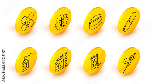 Set line Medical syringe with needle, Medicine bottle and pills, nozzle spray, or tablet, Emergency star medical symbol Caduceus snake stick and Crossed bandage plaster icon. Vector