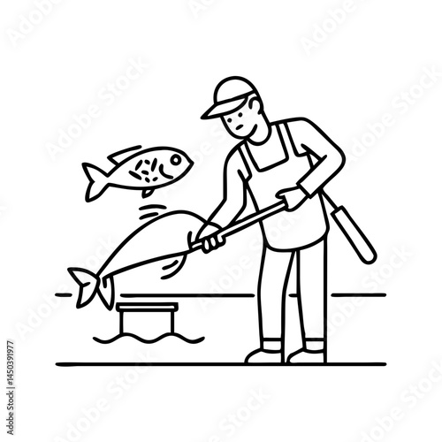 fisherman cleaning a fish icon, fisherman cleaning a fish line art - simple line art of fisherman cleaning a fish, perfect for fisherman cleaning a fish logos and icons