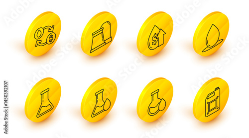 Set line Canister for gasoline, Oil petrol test tube, Test and flask, drop, price increase, industrial factory building and exchange, water transfer, convert icon. Vector