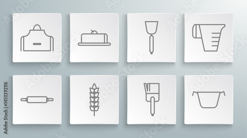 Set line Rolling pin, Strawberry cheesecake slice, Cereals with rice, wheat, corn, oats, rye, Kitchen brush, Cooking pot, Spatula, Measuring cup and apron icon. Vector