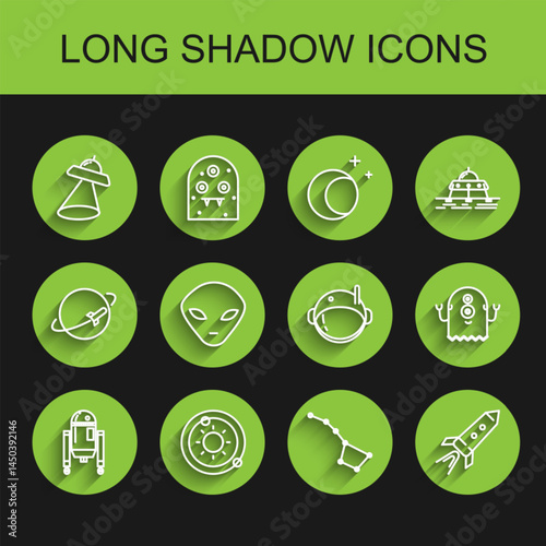 Set line Robot, Solar system, UFO flying spaceship, Great Bear constellation, Rocket with fire, Alien, and Astronaut helmet icon. Vector