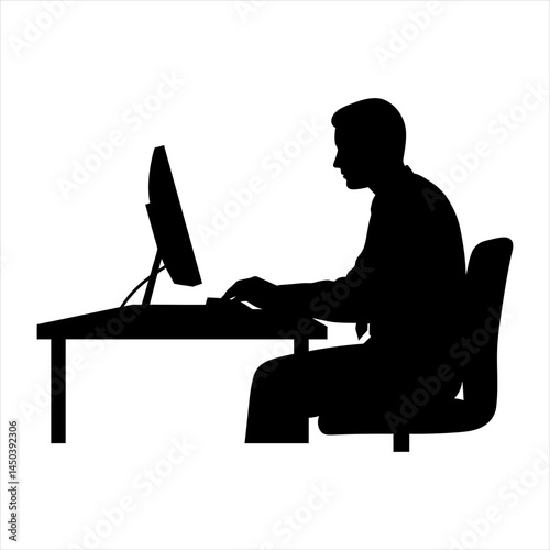 Person Working at Desk with Computer Silhouette Vector for Office Work, Freelance Jobs, Remote Work Icons