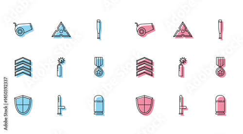 Set line Shield, Police rubber baton, Cannon, Cartridges, Dynamite bomb stick clock, Military reward medal, rank and Japanese ninja shuriken icon. Vector