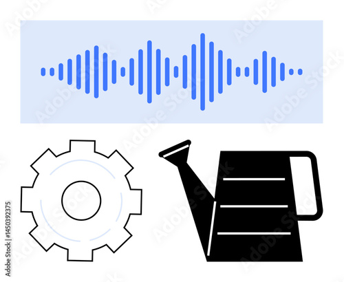 Sound waves, a gear, and a watering can illustrating innovation, collaboration, growth, nurturing, technology, productivity and creativity. Ideal for technology presentations team collaboration