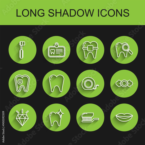 Set line Diamond teeth, Tooth whitening concept, Toothbrush, with toothpaste, Smiling lips, Candy and Dental floss icon. Vector