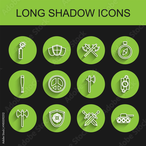 Set line Medieval axe, Target sport, Dynamite bomb stick clock, Crossed medieval sword, Military tank, Peace, dynamite and timer and icon. Vector