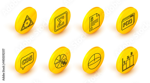 Set line Graph, schedule, chart, diagram, Calculator, Equation solution, Tablet with calculator, Geometric figure Pentagonal prism, Infinity, Square and Chalkboard icon. Vector