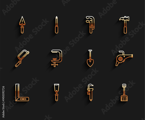 Set line Corner ruler, Putty knife, Trowel, Calliper caliper and scale, Snow shovel, Clamp screw tool, Leaf garden blower and Shovel icon. Vector