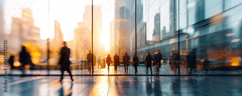 Cityscape rush hour, silhouettes of people walking in a modern urban setting. Sunlight streams through the glass facade of a high-rise building