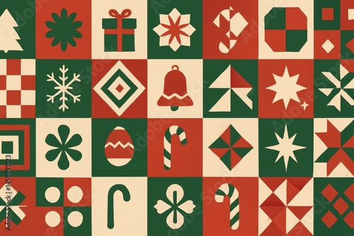Festive Christmas Pattern With Holiday Symbols in Red, Green, and Beige