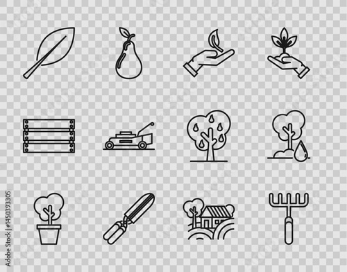 Set line Tree in pot, Garden rake, Sprout hand of environmental protection, Gardening handmade scissors for trimming, Leaf, Lawn mower, Farm House concept and Watering icon. Vector