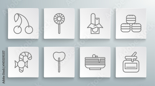 Set line Christmas candy cane, Lollipop, Stack of pancakes, Jar honey, Chocolate bar, Macaron cookie and Cherry icon. Vector