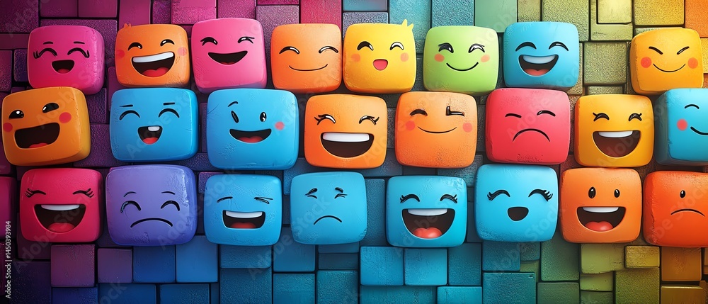 Colorful 3D cubes with happy, sad, and silly faces.