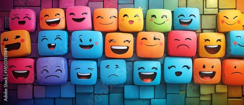 Obraz na płótnie Colorful 3D cubes with happy, sad, and silly faces. w salonie