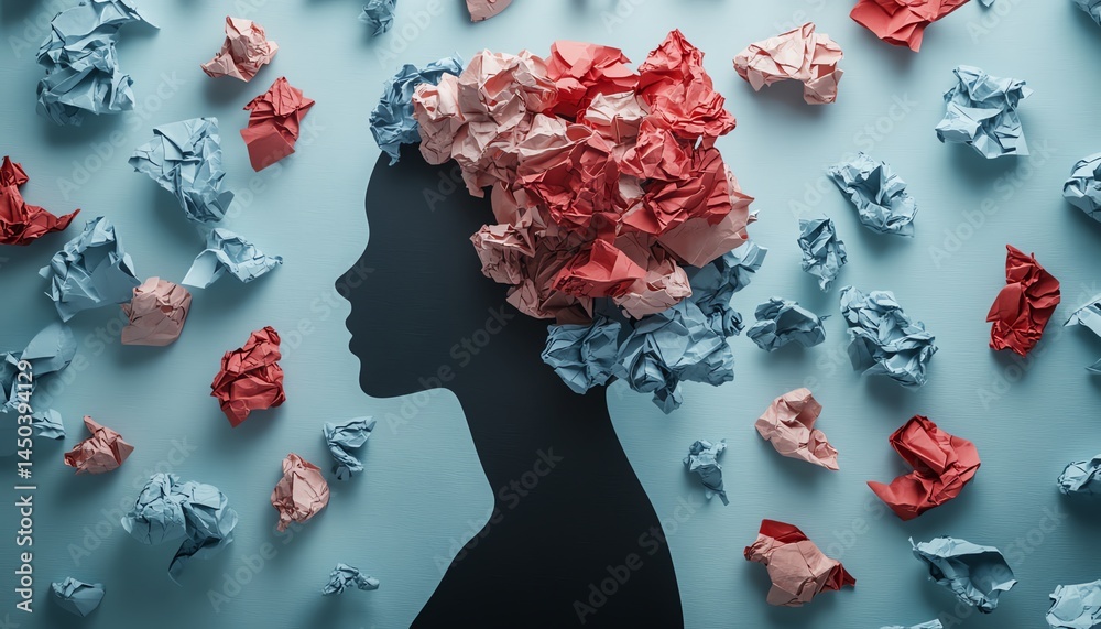 Woman's silhouette with crumpled paper representing stress and mental overload.
