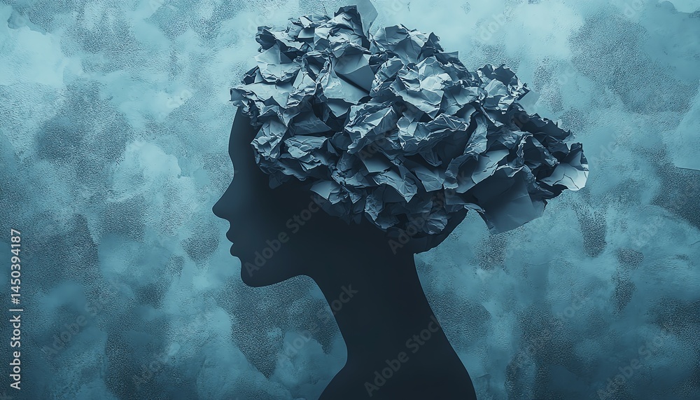 Silhouette woman, textured headpiece, blue background. Abstract art.