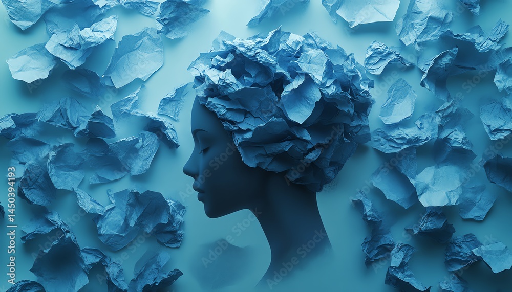 Abstract woman's head, blue crumpled paper, stress concept.