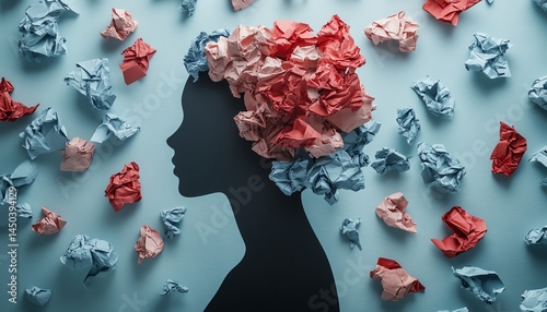 Woman's silhouette with crumpled paper representing stress and mental overload.