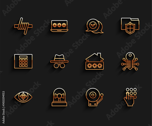 Set line Eye scan, Flasher siren, Barbed wire, Ringing alarm bell, Password protection, Incognito mode, Smart key and House with password icon. Vector