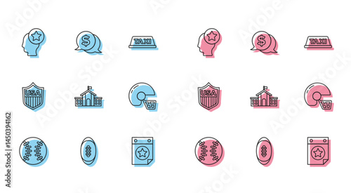 Set line Baseball ball, American Football, USA Head, Calendar with date July 4, United States Capitol Congress, football helmet, Shield stars and Coin money dollar icon. Vector
