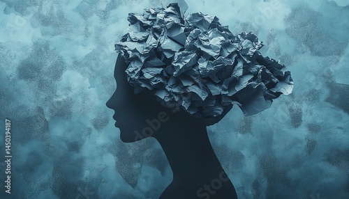 Obraz na płótnie Silhouette woman, textured headpiece, blue background. Abstract art. w salonie