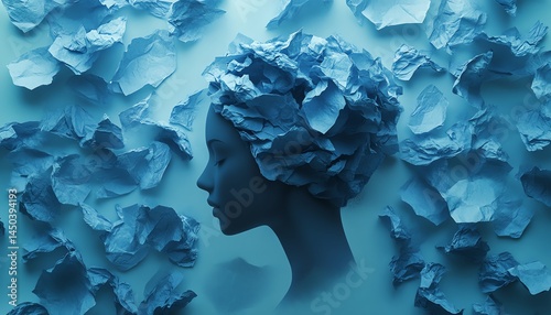 Obraz na płótnie Abstract woman's head, blue crumpled paper, stress concept. w salonie