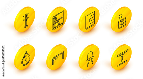 Set line Round table, Chair, Office desk, Mirror, Furniture nightstand with lamp, Wardrobe, Library bookshelf and Coat icon. Vector