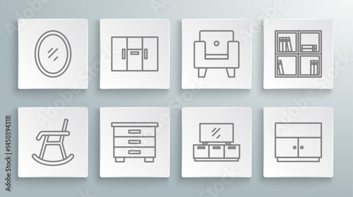 Set line Armchair, Wardrobe, Furniture nightstand, TV table, Shelf with books and Mirror icon. Vector