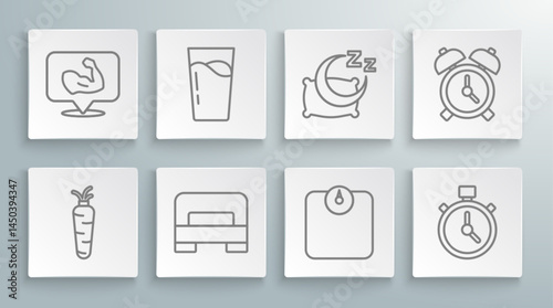Set line Carrot, Glass with water, Big bed, Bathroom scales, Stopwatch, Time sleep, Alarm clock and Bodybuilder muscle icon. Vector