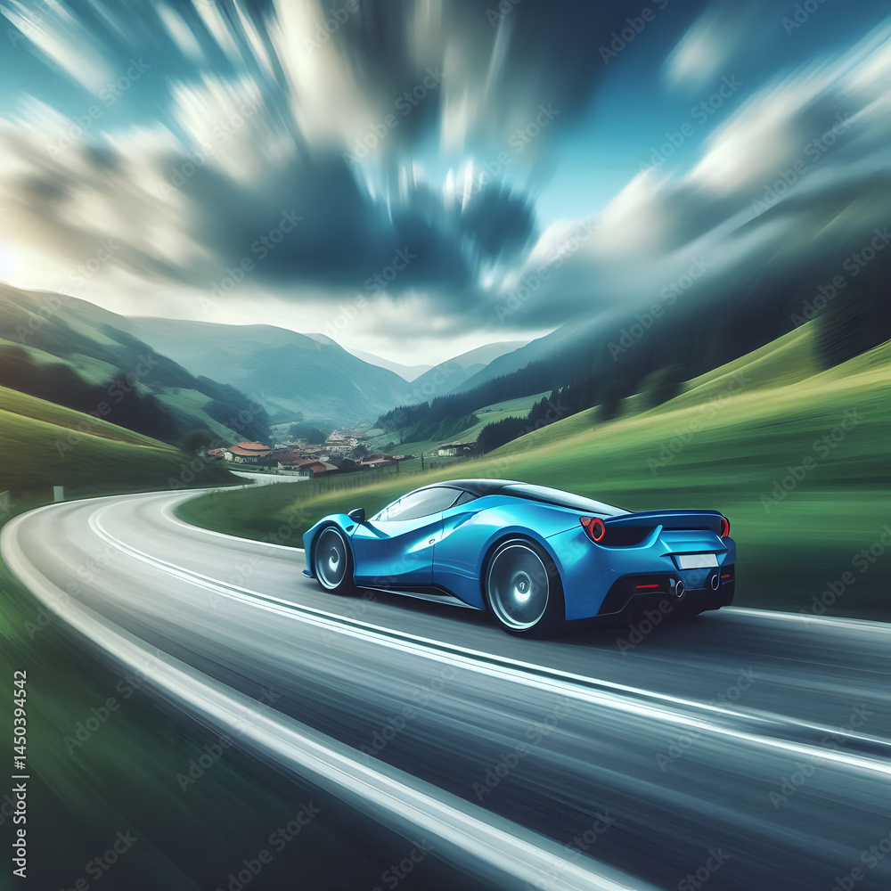 Fototapeta premium A blue sports car speeds along a winding mountain road, with blurred motion suggesting high speed. Generative AI.